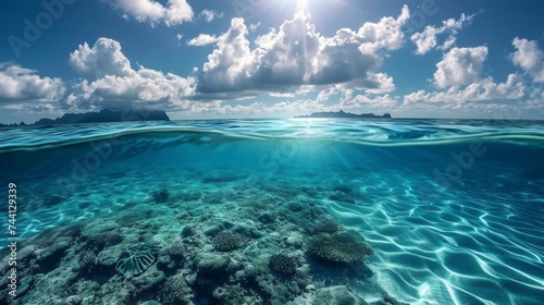 Above and below the surface of the sea with a coral reef underwater and a cloudy blue sky. photo