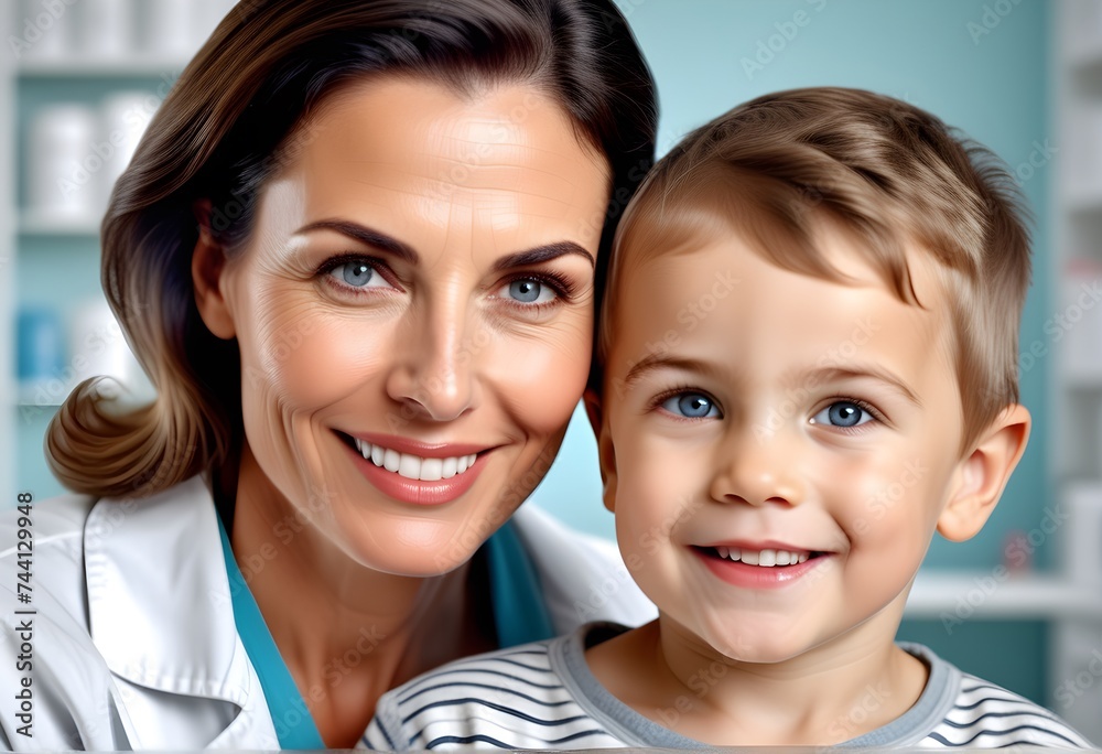 Cute smiling little boy and pediatrician doctor at the clinic. Health and wellness concept Cute smiling little boy and pediatrician doctor at the clinic. Health and wellness concept