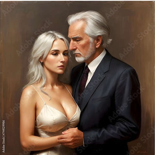 Generative AI. A couple of a young woman and an elderly man. Age difference concept. photo