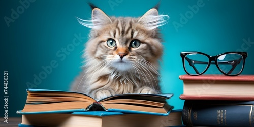 A quirky cat in glasses proudly holds books against a blue backdrop. Concept Cats, Glasses, Books, Blue backdrop, Quirky
