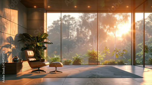 View from a modern office lounge with designer furniture and lush indoor plants.
