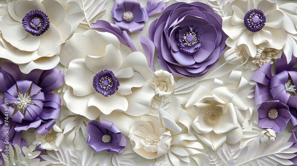 violet and white flowers crafted from paper, styled in detailed, layered compositions reminiscent of colorful woodcarvings, showcasing their delicate charm and artistic craftsmanship. SEAMLESS PATTERN violet and white flowers crafted from paper, styled in detailed, layered compositions reminiscent of colorful woodcarvings, showcasing their delicate charm and artistic craftsmanship. SEAMLESS PATTERN