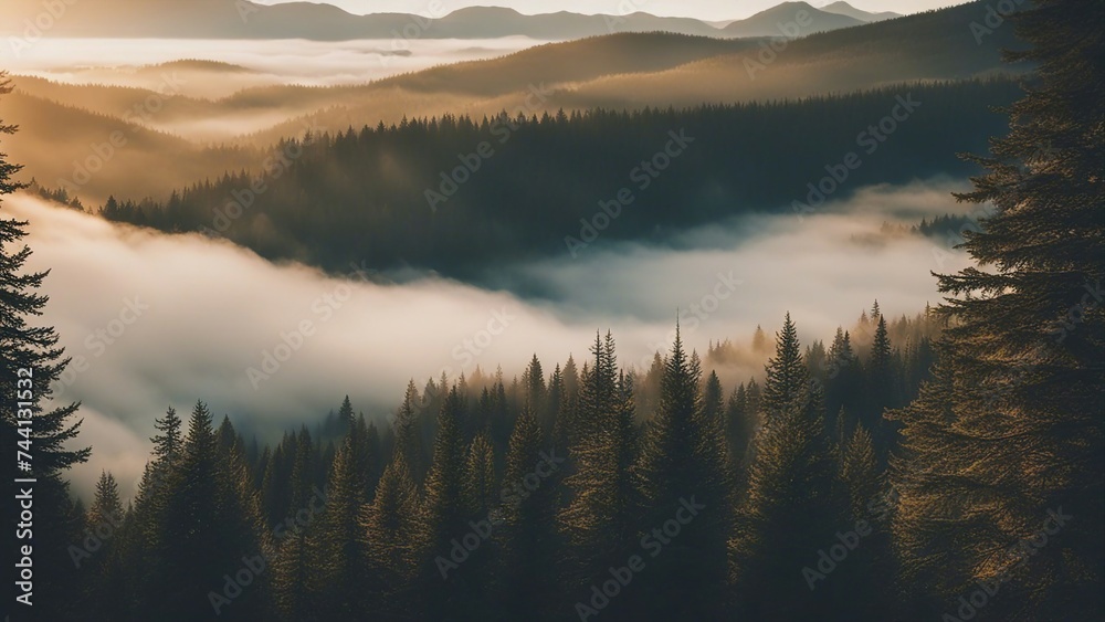 sunrise over the mountains forest with fog and trees at dusk 