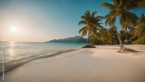 tree on the beach sandy tropical beach with island on background a photo   a sunny and relaxing mood sandy  © Jared