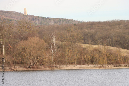 Blick über die Talsperre Hopfgarten zum Glockenturm der Gedenkstätte KZ Buchenwald auf dem Ettersberg photo