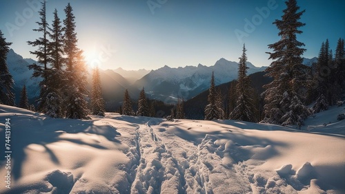 winter landscape in the mountains snowy path leading to the sun 