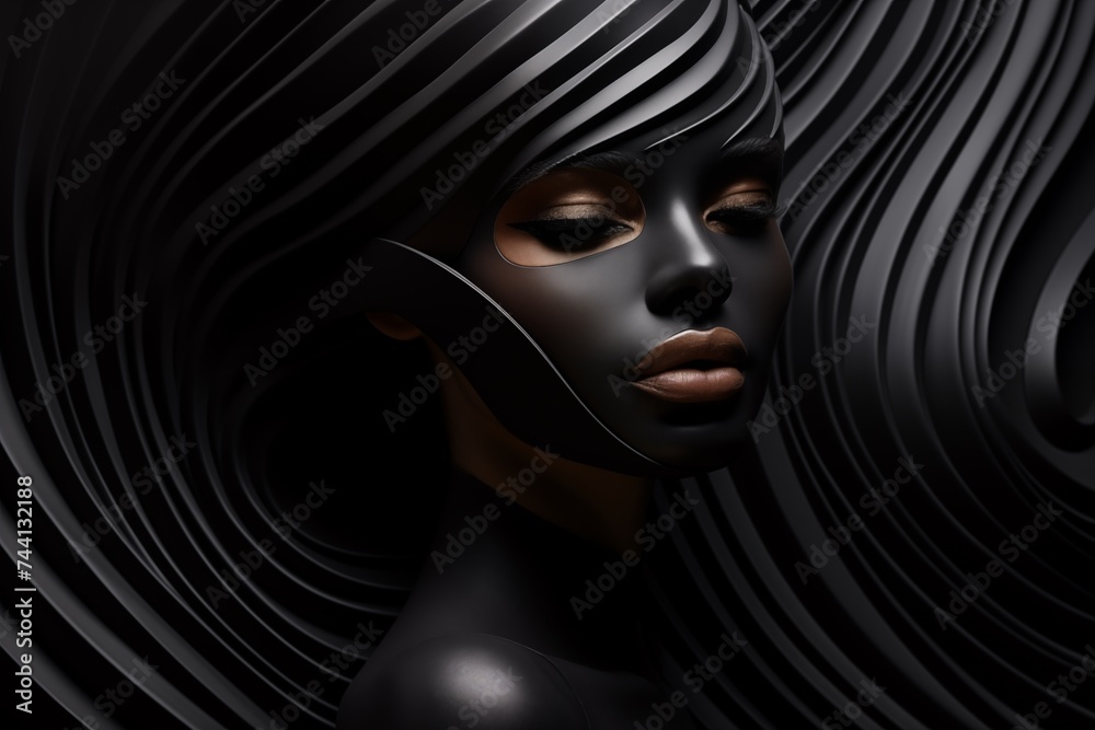 Stunning portrait of a woman with abstract black swirls in a modernist style