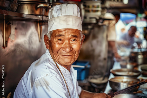 A smiling  elderly Asian chef in his kitchen  surrounded by cooking utensils.