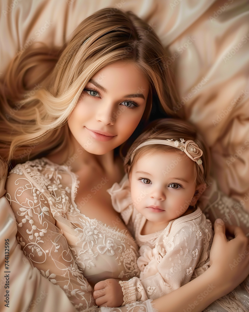 A beautiful young mother and her little child in soft lace. A beautiful young mother and her little child in soft lace.