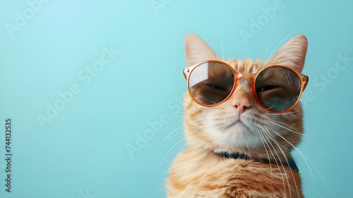Closeup portrait of funny ginger cat wearing sunglasses isolated on light cyan. Copyspace. photo