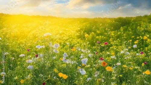 An illustration of a bright green meadow with spring flowers.