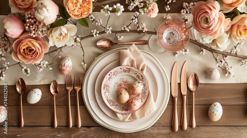 an Easter table setting adorned with colorful decorations and holiday-themed elements, ample copy space for personalized messages and greetings.