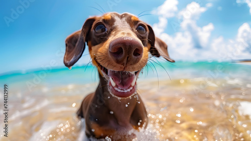 Happy Dog on the Beach, generative ai image