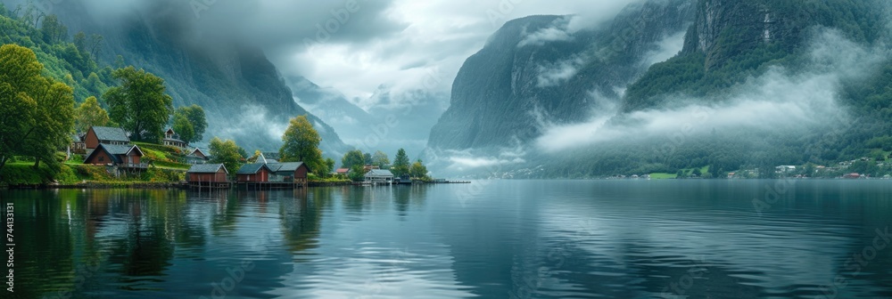 Serene fjords and misty cliffs Serene fjords and misty cliffs