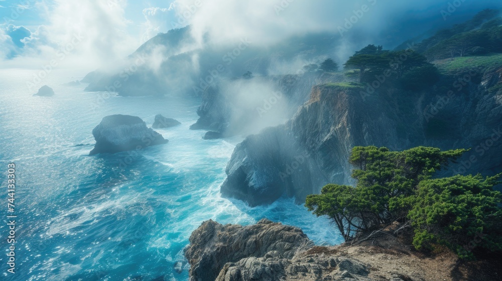 A rocky coastline with fog and rough seas