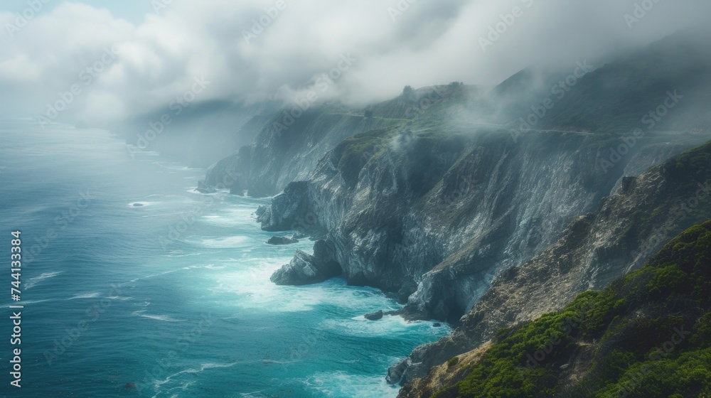 Rocky coast shrouded in fog Rocky coast shrouded in fog
