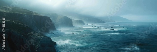 Rocky coast shrouded in fog