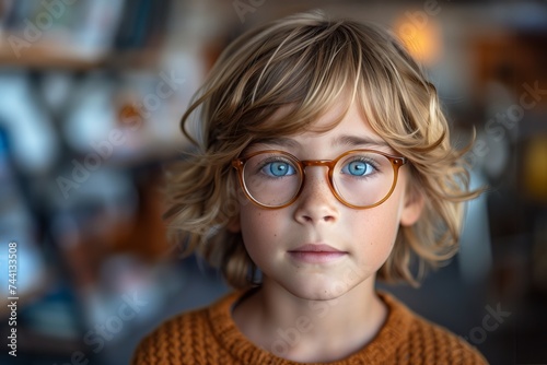 A child smiles wearing glasses against a plain background. Banner, copy space. Concept: eye health and safety awareness month for children and adults