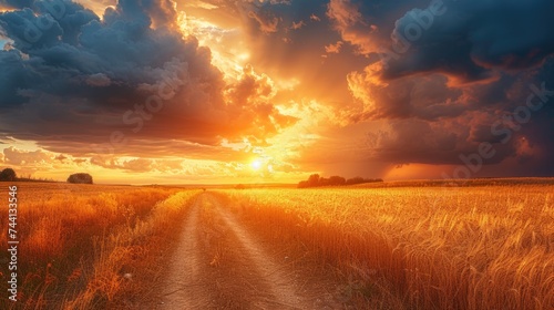 Golden sunset on a rural country road photo