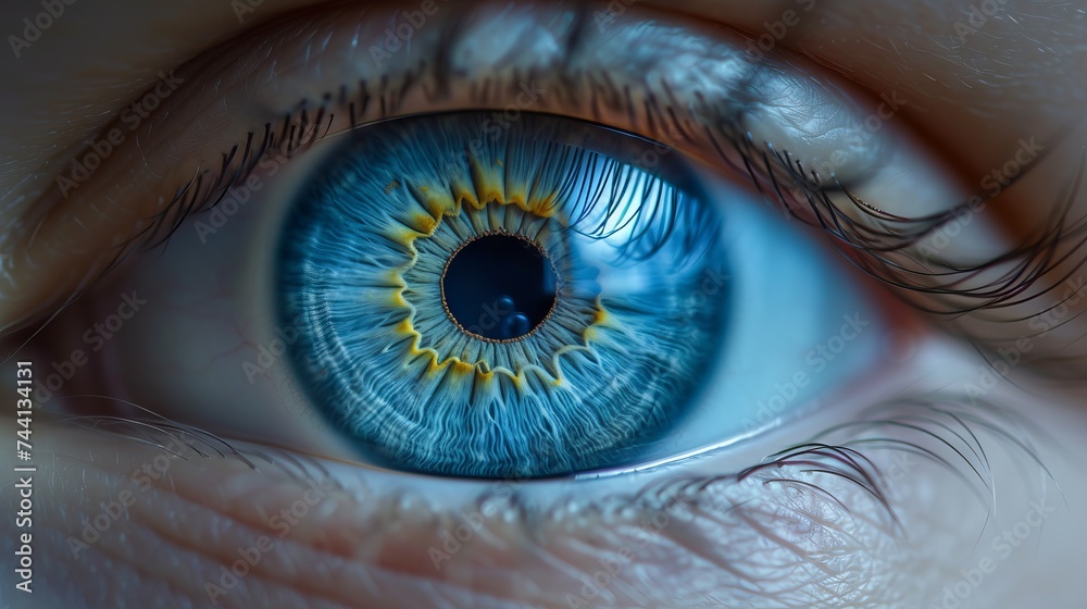 Fototapeta premium human eye is blue with an expressive multi-colored iris surrounded by long eyelashes against the background of the skin. Concept: Ophthalmology, Eye Health and Safety Awareness Month for Children and 