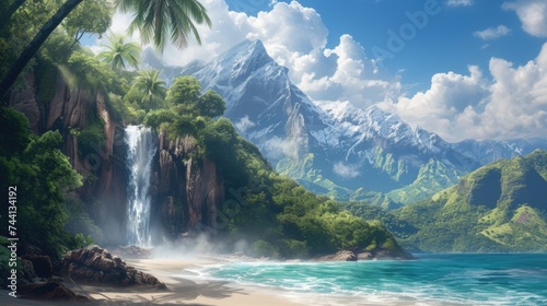 Majestic waterfalls cascading down a sandy beach