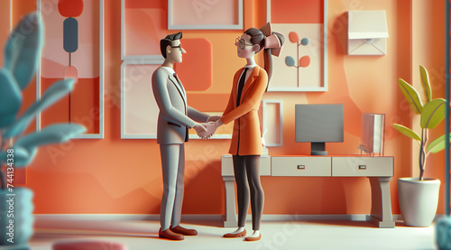 A 3D illustration depicting a man and woman shaking hands in an office environment, inspired by modernism and portrayed with a superflat aesthetic and warm orange tones photo