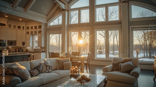 A serene dawn breaks through the large bay windows of a new traditional style luxury home, casting soft, natural light across the living room and kitchen.