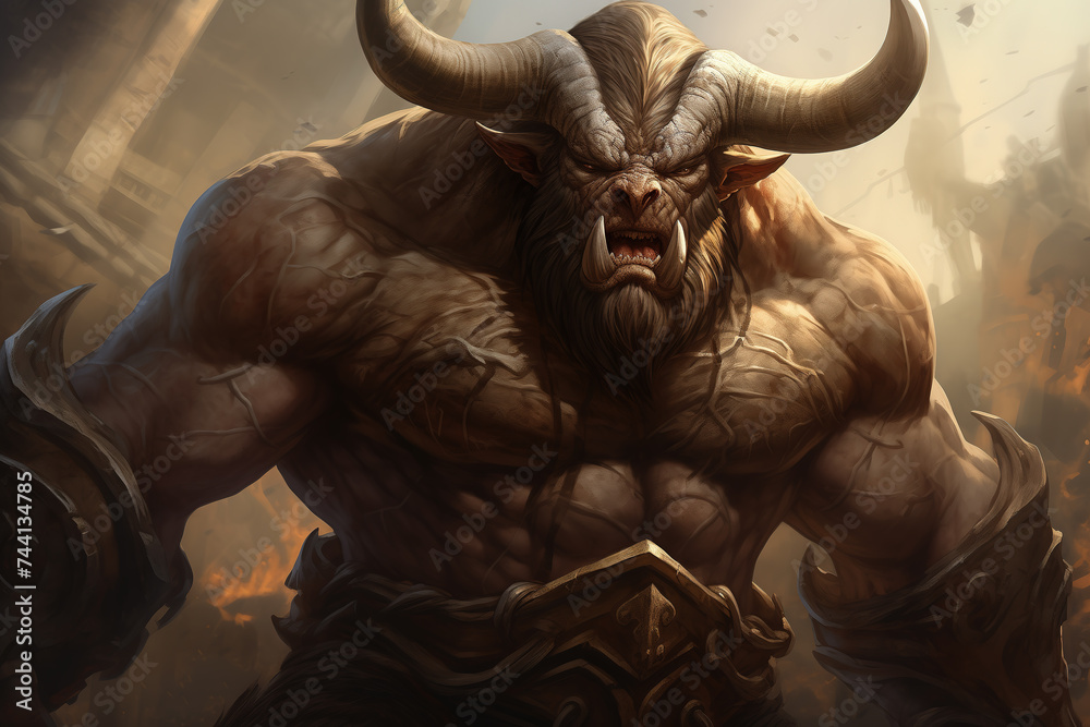 huge muscular minotaur, art illustration huge muscular minotaur, art illustration