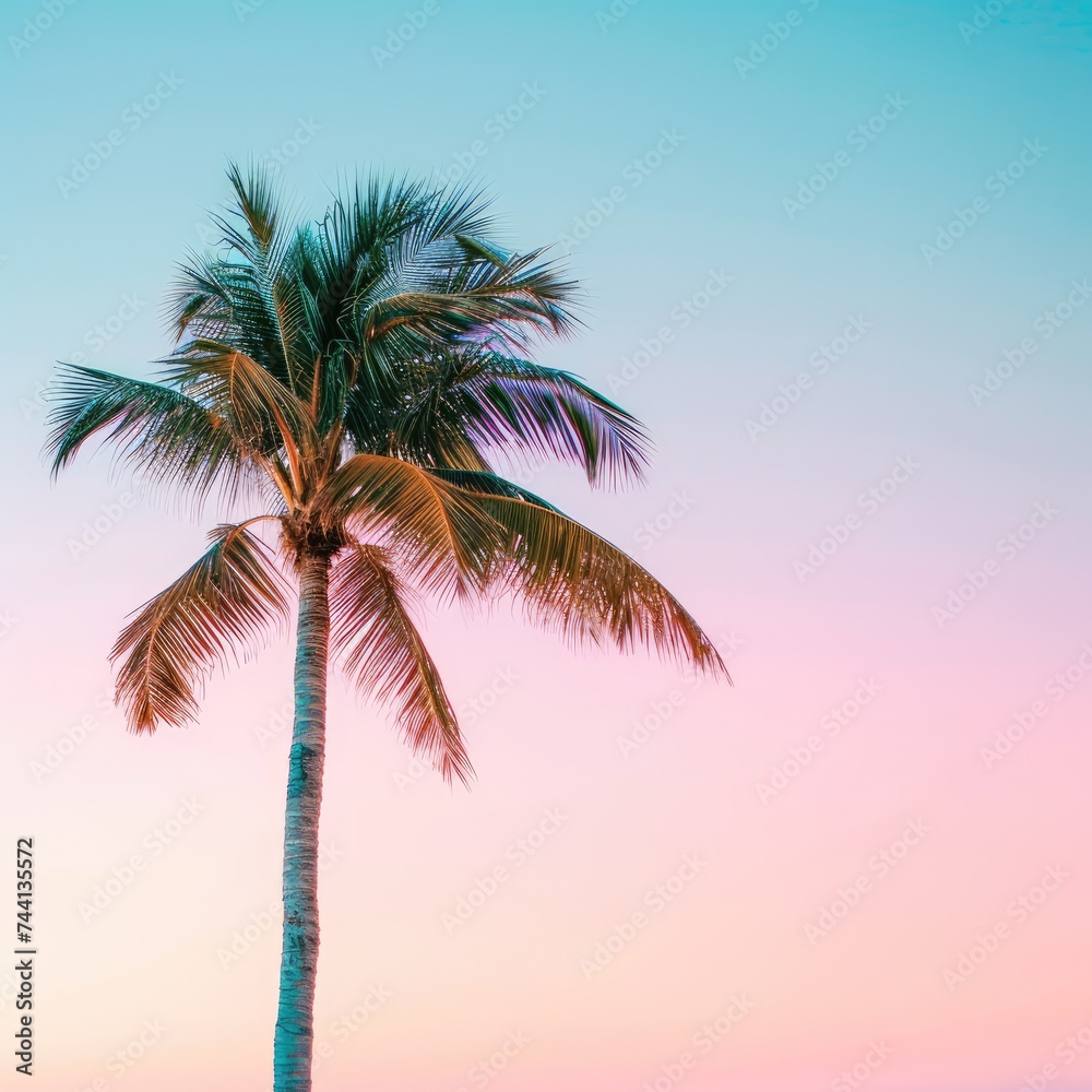 Sunset on the beach. Palm leaves. Palm trees at tropical coast, coconut tree summer vacation concept