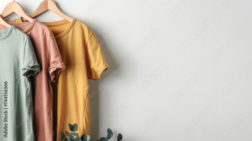 Women's Blouses and T-shirts Hanging on a White Background. Ideal for Fashion Blogs