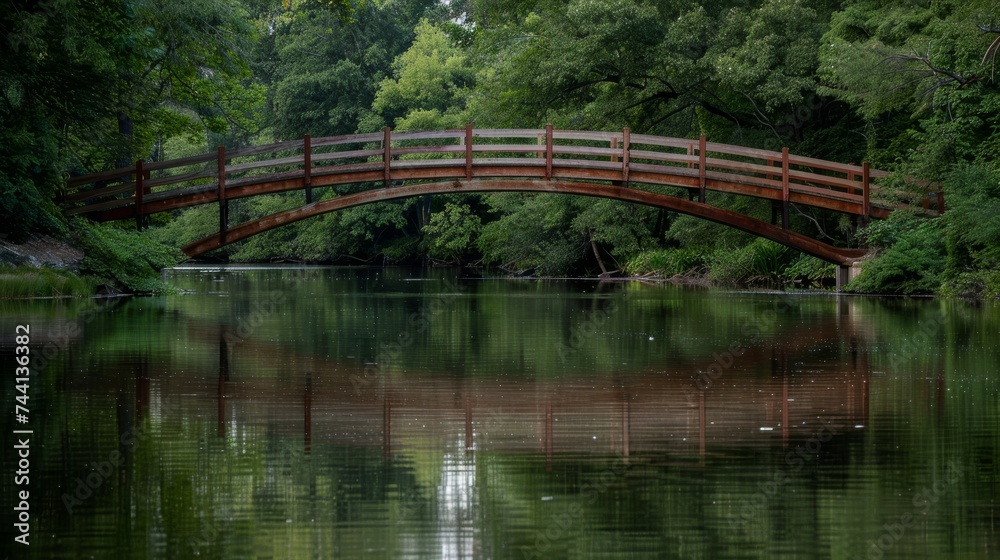 An arch bridge reflects in the tranquil waters of a riparian forest, connecting nature's beauty to the building on the opposite bank