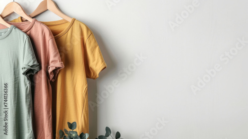 Women's Blouses and T-shirts Hanging on a White Background. Ideal for Fashion Blogs © yganko