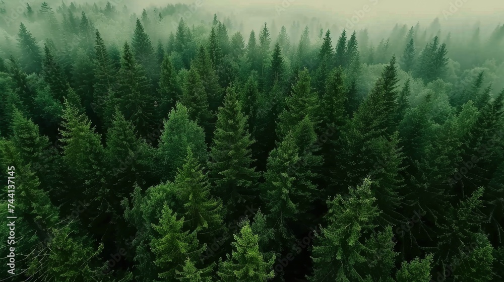 Aerial photography of a Norwegian forest. Treetops in the fog. Beautiful nature background