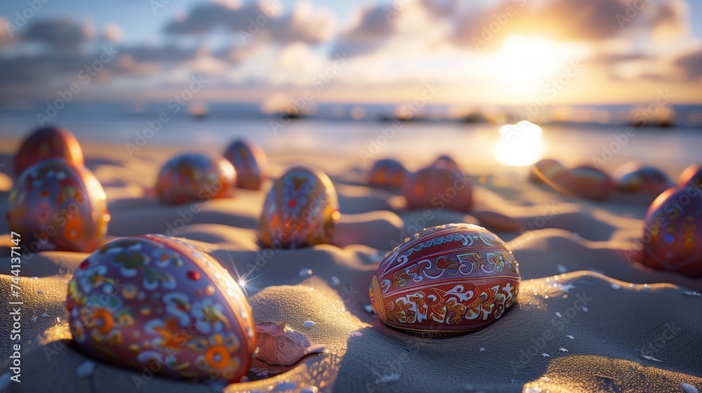 Capture the serene moment just as the sun peeks above the horizon on a tranquil beach setting. Easter eggs, ornately decorated, are spread elegantly across the sandy expanse, each one reflecting  - obrazy, fototapety, plakaty 