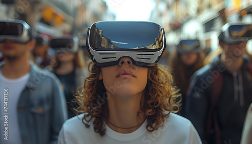 People on the street looking through AR glasses. Concept: Blending virtual reality and the real world