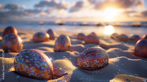 Capture the serene moment just as the sun peeks above the horizon on a tranquil beach setting. Easter eggs, ornately decorated, are spread elegantly across the sandy expanse, each one reflecting  photo