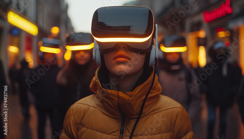 People on the street looking through AR glasses. Concept: Blending virtual reality and the real world