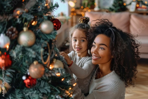 A young girl and her mother share a joyful moment as they dress up their beautifully lit christmas tree with colorful ornaments on a cozy christmas eve © Pinklife