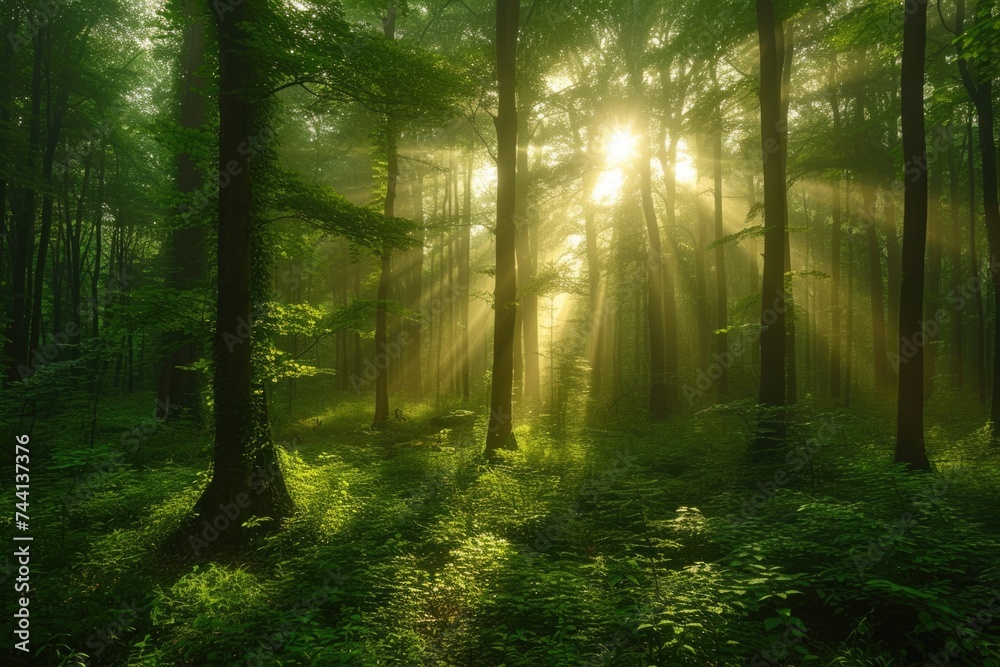 Naklejka premium Sunlight streaming through green forest at dawn