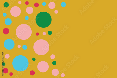 Colorful green pink blue polka dots like border Yellow backdrop Copy space text Birthday greeting card Invitation Banner party Free space design Children's background Cool Copy space Simple blank  
