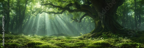 Light shining through ancient trees