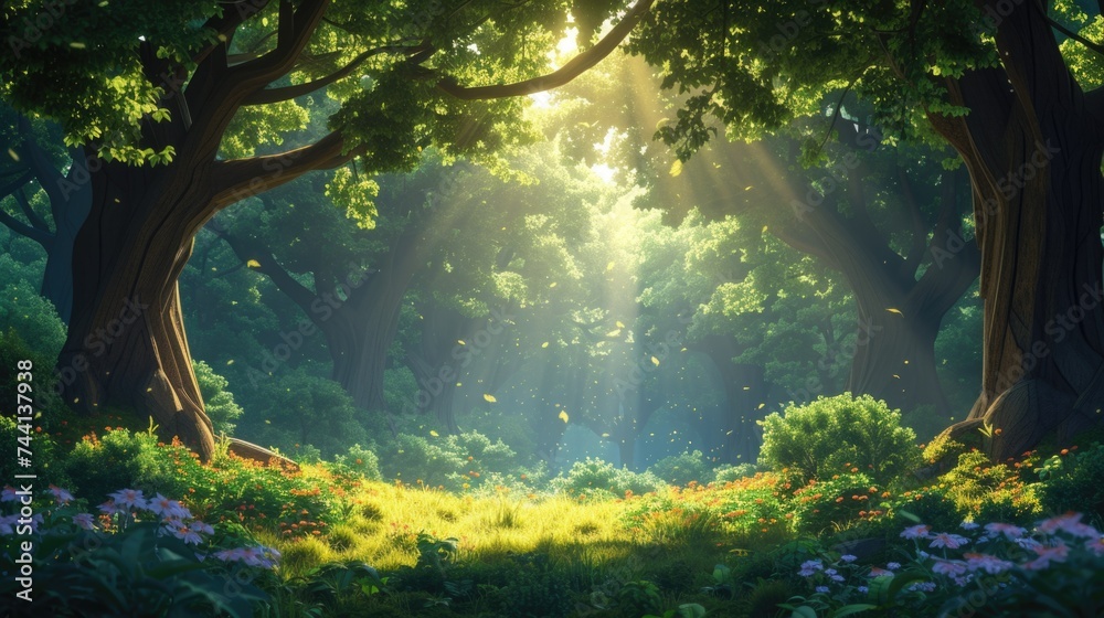 A sun-drenched enchanted forest clearing with a flowering meadow - obrazy, fototapety, plakaty 