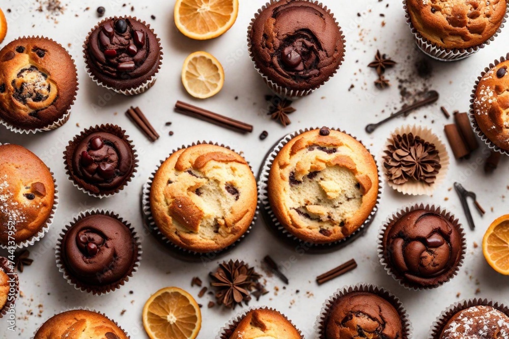 Top view of a Muffin-shaped cake against different backgrounds. Top view of a Muffin-shaped cake against different backgrounds.