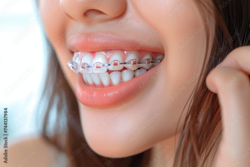 Obraz premium A young woman's confident smile shines through her perfectly aligned teeth adorned with braces, accented by a bold lip color and framed by fluttering eyelashes, highlighting the beauty of oral hygien