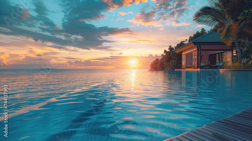 Luxurious beach resort with bungalows near an infinity pool overlooking the sea at sunset