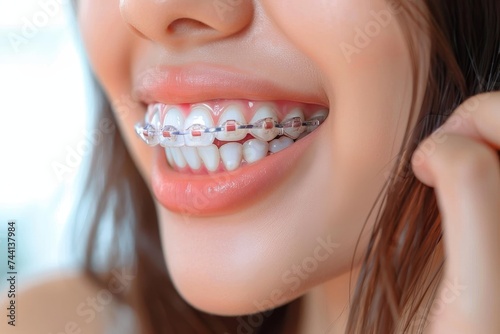 A young woman's confident smile shines through her perfectly aligned teeth adorned with braces, accented by a bold lip color and framed by fluttering eyelashes, highlighting the beauty of oral hygien photo
