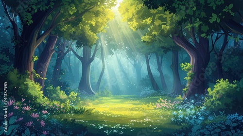 A sun-drenched enchanted forest clearing with a flowering meadow