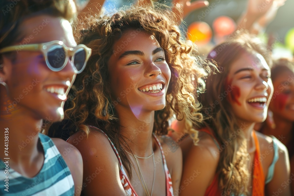 Fototapeta premium A stylish group of people donning sunglasses and goggles enjoy a fun day outdoors, their happy smiles reflecting the warmth of the sun