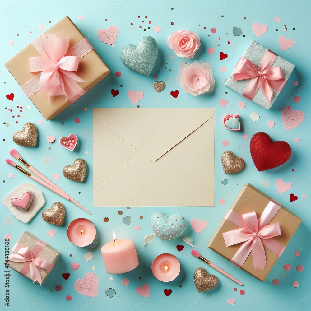 A Valentine's Day-themed background adorned with gifts, candles, confetti, and an envelope, set against a pastel blue backdrop. This composition captures the essence of Valentine's Day