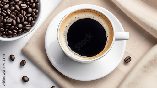 Hot espresso in white cup and coffee beans with free space for text on the light background, morning routine, poster, top view, close up